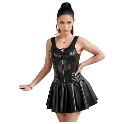 sunshinelady abito da discoteca in finta pelle per donne taglie forti set di lingerie sexy con zip frontale abito babydoll collo quadrato in pelle pu clubwear spalla larga abiti senza maniche s-2xl