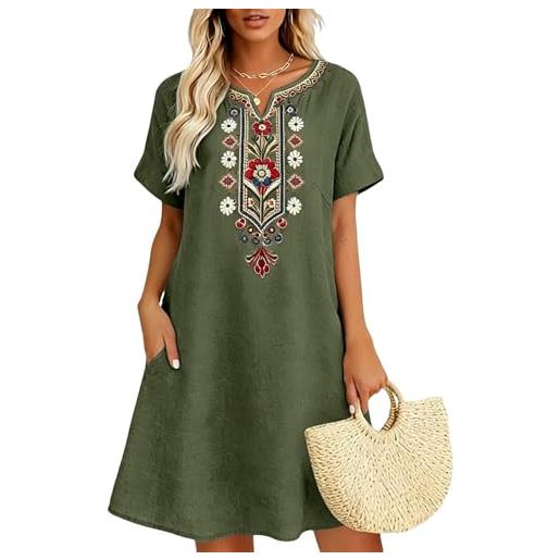 Chanpning vestiti estivi donna cotone lino ricamo floreale abiti boho chic dress vestito da mare elegante abiti cerimonia manica corta scollo a v al ginocchio vestito donna estivo corto casual