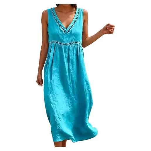 Generico abito lino donna estivo lungo maniche lunghezza al ginocchio casual da spiaggia leggero vestito donna estivo senza maniche scollo a v lino leggero, traspirante, per vacanze spiaggia casa tinta unita