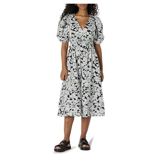 Amazon Essentials abito midi in raso di cotone con busto aderente e gonna svasata, maniche a sbuffo e scollo a v donna, nero avorio folk floral, m