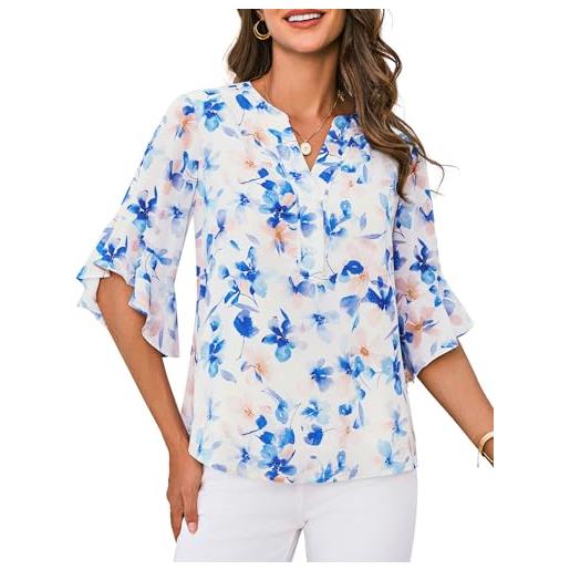 GRACE KARIN donne elegante blusa estiva fiori tunica boho leggera collo a v top vacanza tempo libero top fiori blu l