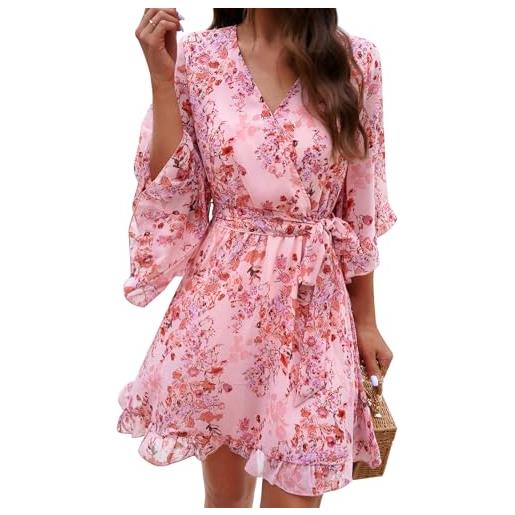 Odizli abito estivo da donna, corto, elegante, floreale, in chiffon, con scollo a v, colore: rosa. , l