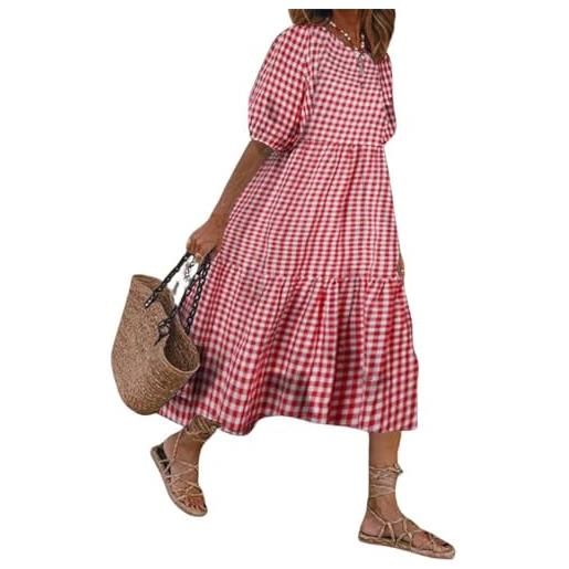 Generic abito lungo da donna a maniche corte a maniche corte in tartan scozzese a maniche corte per vacanze in spiaggia con scollo rotondo a balze, rosso, l