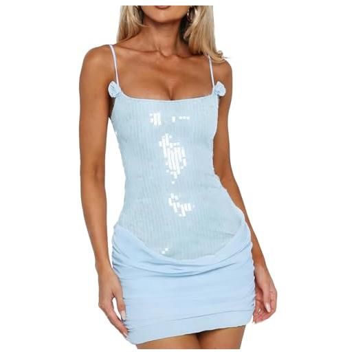 Elenint mini abito da donna con paillettes, taglio basso, scollo a u | abito aderente con spalline sottili, per feste di compleanno, cocktail, tinta unita, design increspato