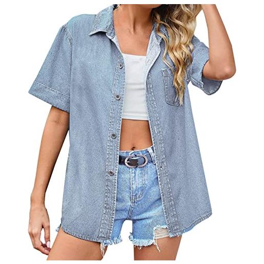 Generic camicia estiva da donna, in jeans, a maniche corte, estiva, leggera e ariosa, a maniche corte, oversize, blu, tinta unita, estiva