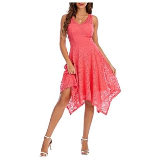 Meetjen donne vintage alto basso senza maniche scollo a v floreale pizzo abito swing cocktail coral m