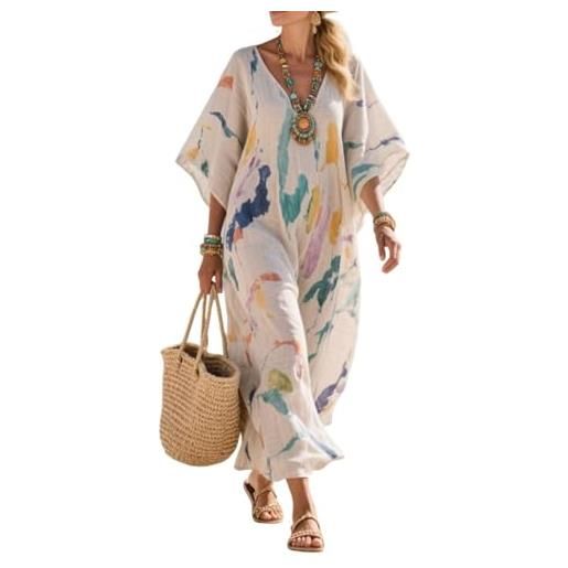 Generico abito lungo donna estivo in cotone e lino, vestito maxi boho chic con scollo a v e maniche 3/4, abito caftano leggero e traspirante con tasche, ideale per mare spiaggia e vacanze