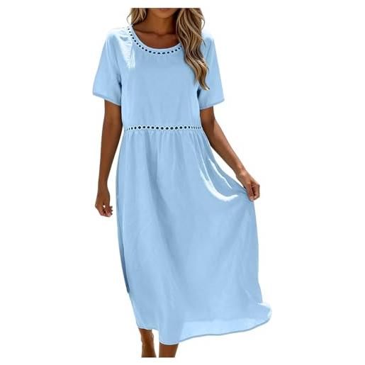 Generico abito lino donna abito estivo a maniche a 3/4 vacanza comodo taglie forti vestito lungo in cotone scollo a v largo vestiti da spiaggia vestito boho chic ideale per vacanze, lavoro e uso quotidiano