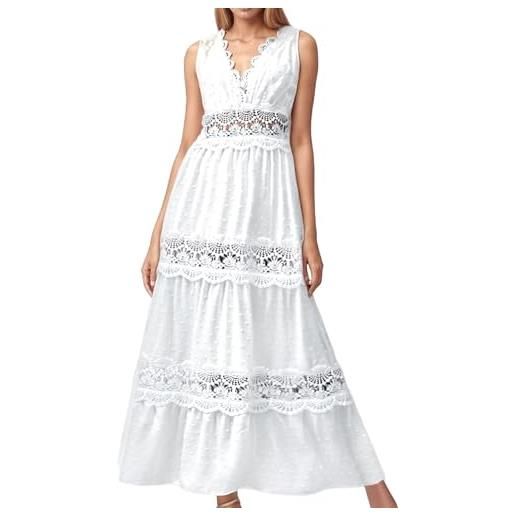 Vhersily vestito donna estivo lungo，scollo a v abito bianco boho chic vestiti senza maniche casuale eleganti vita alta da mare spiaggia, vestiti primaverile, da cocktail, sexy, passeggiata, raffinato