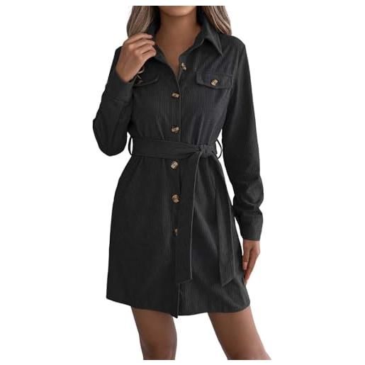 Vhersily 2025 abito a camicia in velluto a coste da donna, a maniche lunghe, con cintura, mini tunica autunnale casual tinta unita, per autunno e inverno, comodi e versatili per look, facile da pulire