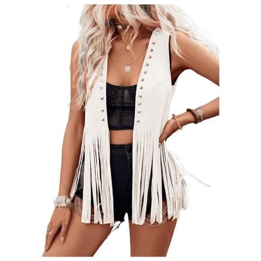 LYSINK gilet da donna con nappe anni '70, hippie, cowgirl, western, in finta pelle scamosciata, rivetti senza maniche, con frange, streetwear, ba avorio, s
