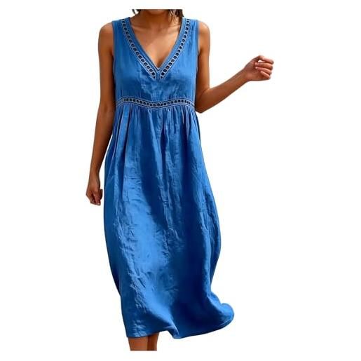 Generico abito lino donna estivo lungo maniche lunghezza al ginocchio casual da spiaggia leggero vestito donna estivo senza maniche scollo a v lino leggero, traspirante, per vacanze spiaggia casa tinta unita