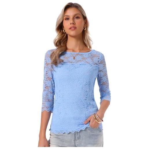 Allegra K camicia donna in pizzo floreale con maniche 3/4 e scollo rotondo
