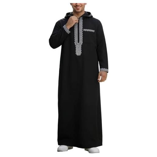 Genérico djellaba - abito da uomo musulmano qamis in tinta unita con cappuccio, preghiera islamica abaya, maniche lunghe, kamis musulmani, borsa djellaba, caftano marocchino, nero , l