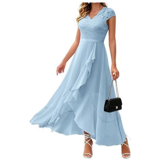Onsoyours vestito donna elegante in pizzo chiffon scollo a v abito maniche corte abiti lungo con volant da sera cerimonia a azzurro xxl