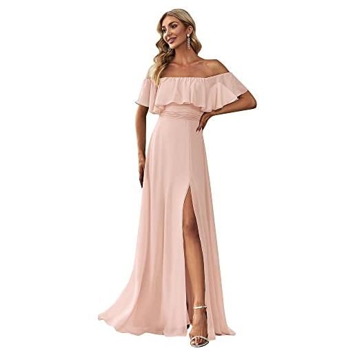 Ever-Pretty dalla spalla abito da damigella linea ad a chiffon con aberturas lungo rosa 44