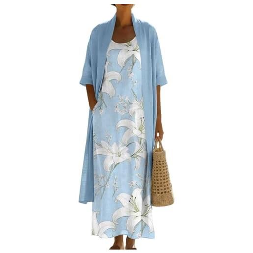 Generico completo donna elegante - taglie forti set vestito e cardigan coordinato abito estivo spolverino boho vintage cotone e lino leggero fresco cerimonia matrimonio vacanza abiti lunghi