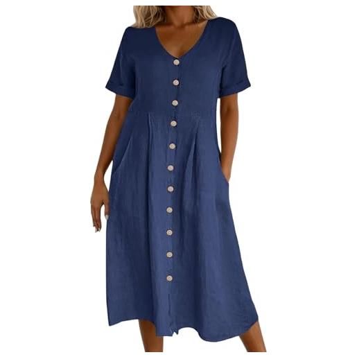 Vhersily abito donna abbottonato davanti, con scollo a v e bottoni a maniche corte tinta unita in cotone e lino maxi abiti per le vacanze, da festa, da casa taglie forti, traspiranti e flessibili