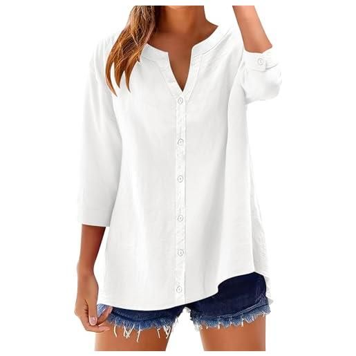 Rapbin top da donna con maniche a 3/4, in cotone e lino, con bottoni, scollo a v, tinta unita, casual, vestibilità larga, manica arrotolabile