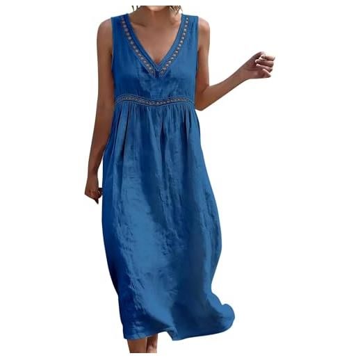 Generico vestiti in lino donna abiti taglie forti estivi donna scollo a v senza maniche lungo abito comodo casual vestiti lunghi donne mare vestito cotone leggero elegante curvy prendisole da spiaggia dress