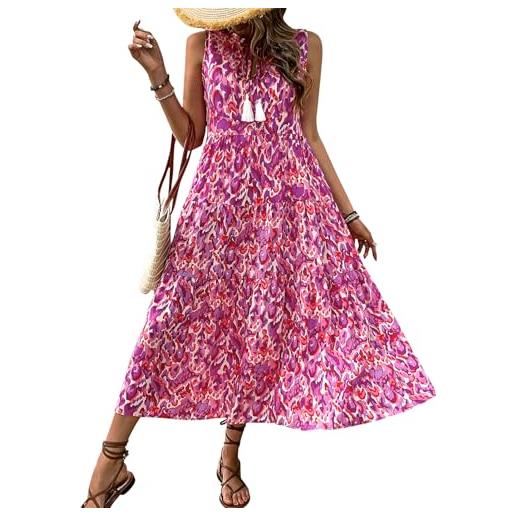 Jamron donna estate boho abito da spiaggia senza maniche con scollo a v abito lungo casual fluido con stampa floreale fucsia xl