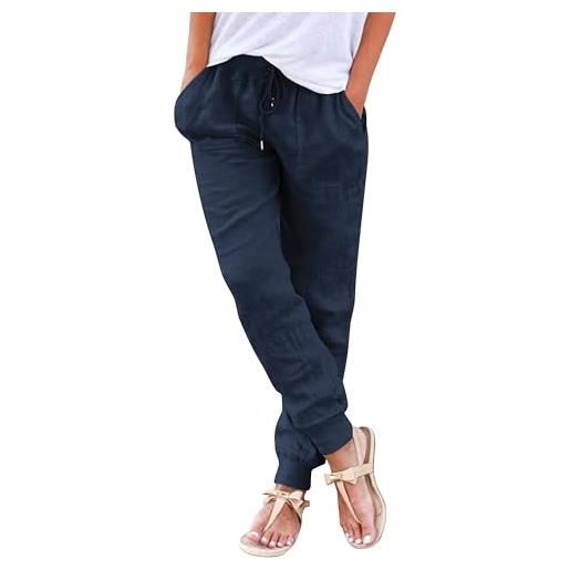 Livonmone pantaloni estivi da donna, casual, in cotone e lino, tinta unita, elasticizzati, leggeri, a gamba dritta, con tasche