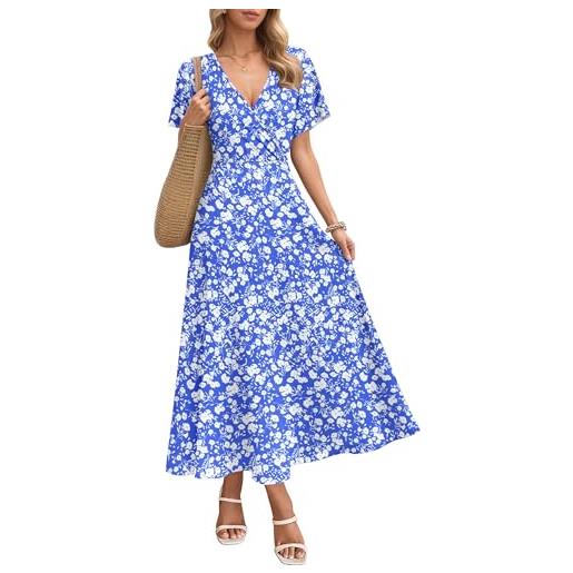 AUSELILY abito lungo da donna italia, abito elegante a maniche corte a collo a v, abito estivo con tasche fiori blu xl