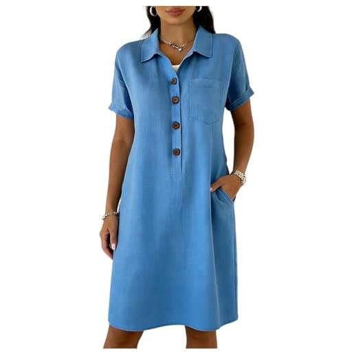 LUNULE vestito donna elegante lungo, vestito maniche lunghe donna, abito da in lino tinta unita con bottoni casual girocollo maniche corte con tasca estivo ampio e svasato modello a trapezio dresses