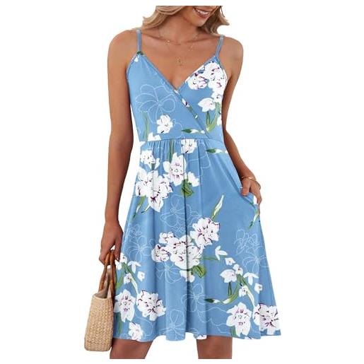 AUSELILY elegante abito estivo con cinturino a spaghetti donna senza maniche abito con tasche(fiore azzurro, xxl)