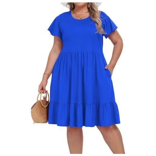Moon Wood abito estivo donna taglie forti midi girocollo maniche corte boho fluido con tasche blu reale 3xl