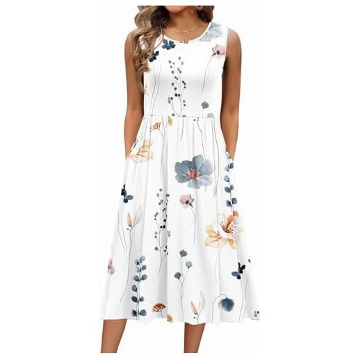 Yeenily vestito donna estivo lungo vestito da mare elegante collo rotondo senza maniche a vestiti vita alta a line con tasche(fiore bianco, xxl)