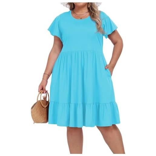Moon Wood abito estivo donna taglie forti midi girocollo maniche corte boho fluido con tasche azzurro chiaro 4xl