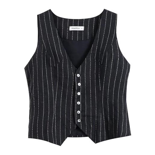 Amazhiyu gilet da donna in lino, senza maniche, con scollo a v, corto, con bottoni, vestibilità aderente, cinghie regolabili
