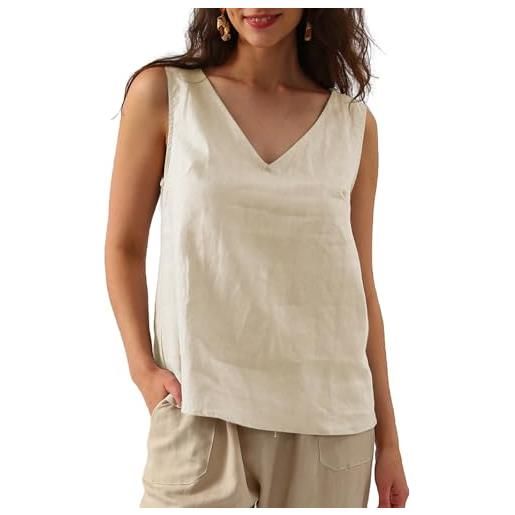Amazhiyu camicetta da donna in lino, senza maniche, estiva, basica, casual, con scollo a v