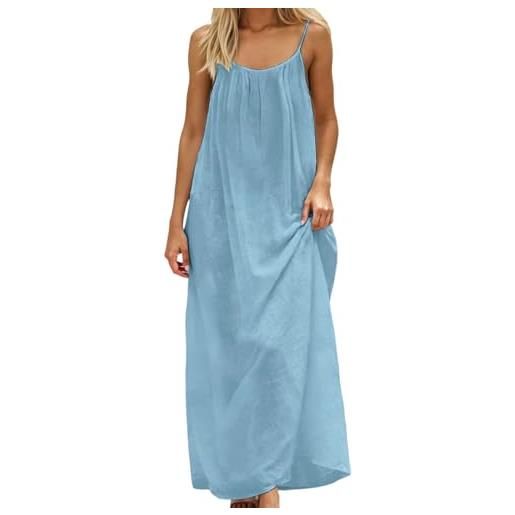 Generico abiti estivi donna, vestito estivo donna lungo lino abito casual tinta unita senza maniche loose maxi abiti senza schienale con cordino