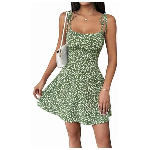 Iyalezirk vestito corto da con stampa floreale in stile boho, con spalline annodate, arricciato, svasato, ad a, per le vacanze in spiaggia, verde s