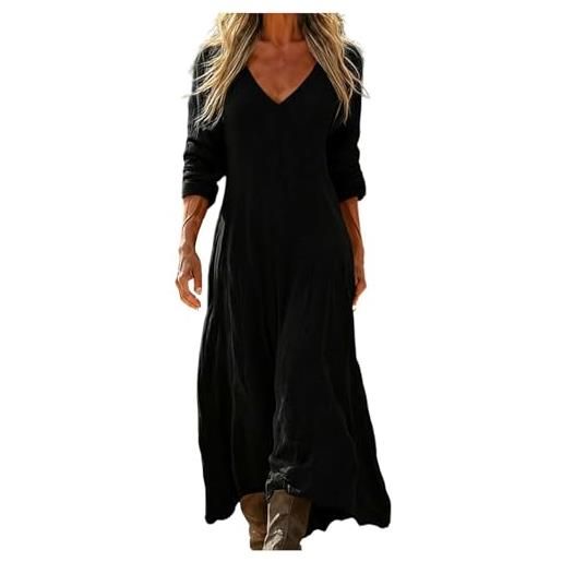 Generico vestito lungo donna estivo lino e cotone boho chic abito maxi vintage scollo a v manica 3/4 etnico con tasche per mare spiaggia vacanza taglie forti comodo elegante moda 2026