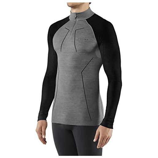 FALKE wool-tech high zip neck m l/s sh lana filo funzionale asciugatura rapida 1 pezzo, maglia uomo, grigio (black grey melange 3118), s