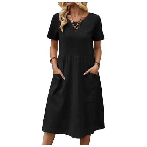 Zeagoo abito estivo da donna in lino casual a maniche corte girocollo abito da spiaggia tinta unita per il tempo libero con tasche s-xxl