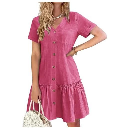 Hotouch abito estivo da donna, con bottoni, in lino, casual, con scollo a v, a maniche corte, linea ad a, con volant, rosso rose, l