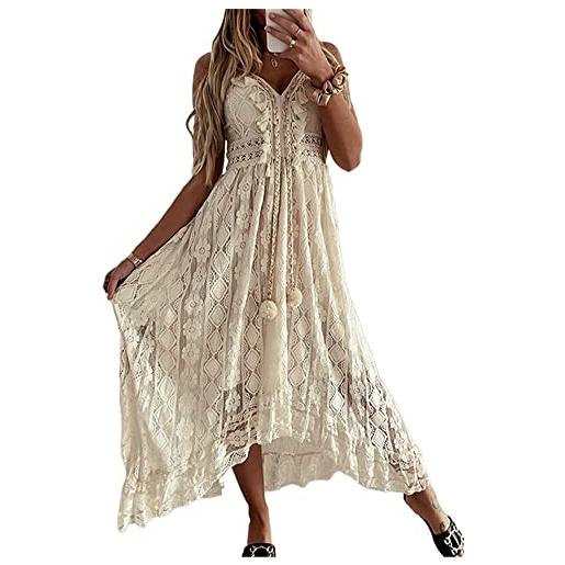 Yoisdtxc abito estivo casual da donna con orlo in pizzo profondo scollo a v senza maniche abbigliamento da spiaggia spalline sottili mini abito con volant, a-beige. , xxl