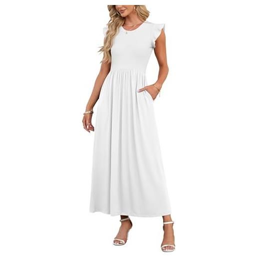 AUSELILY estate casuale collo tondo con tasche abito elegante increspature bordo maniche corte lunga del abito bianco xs