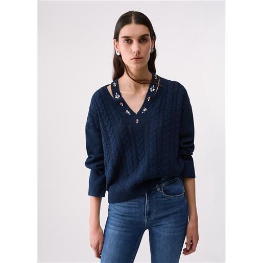 Liu jo maglia con ricami gioiello, blu scuro