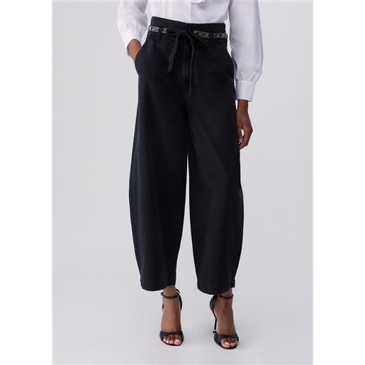 Liu jo pantaloni balloon con cintura ricamata, denim nero