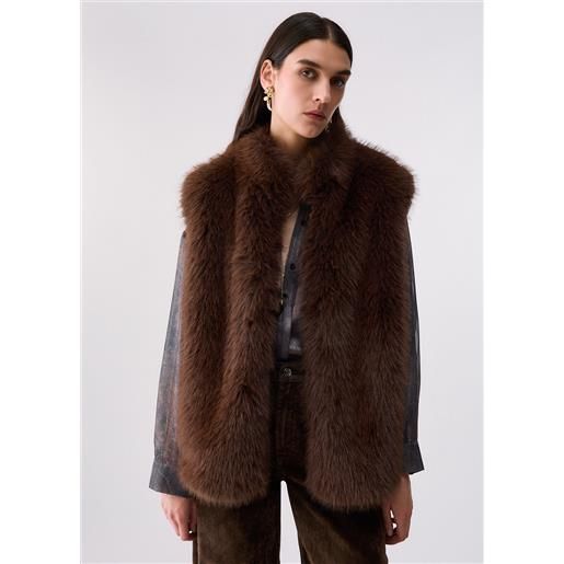Liu jo gilet in pelliccia sintetica con cintura, marrone scuro