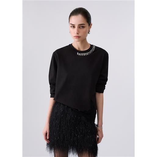 Liu jo t-shirt con pizzo e castoni gioiello, nero