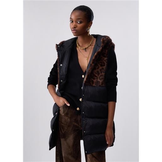 Liu jo gilet animalier con cappuccio, nero/animalier