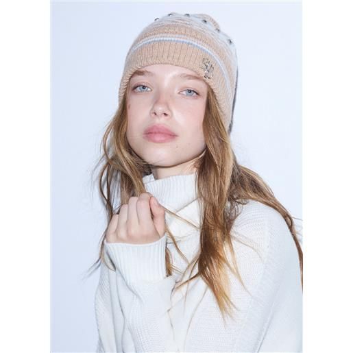 Liu jo cappello jacquard con ricami gioiello, cammello