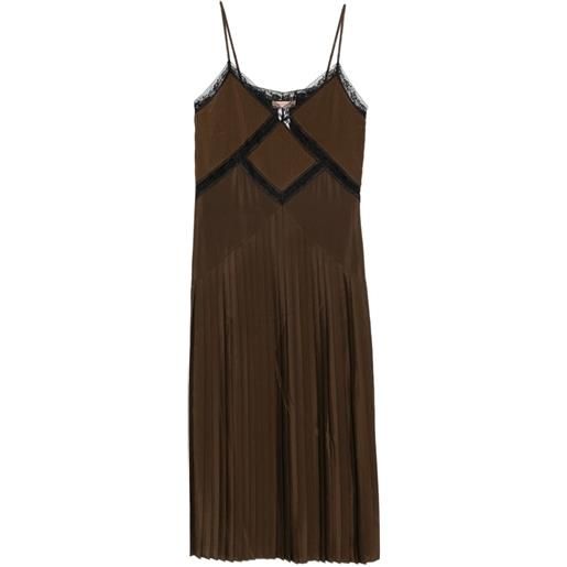 TWINSET abito midi plissettato con finiture in pizzo - marrone