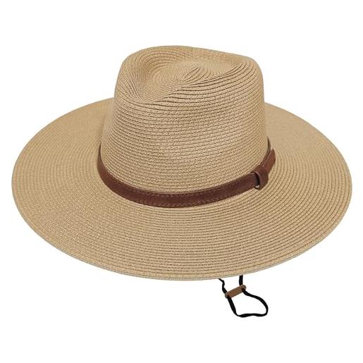 Wildarms cappello panama estivo unisex, cappello di paglia a tesa larga upf 50 pieghevole e traspirante per donna e uomo, marrone nastro pelle, 59
